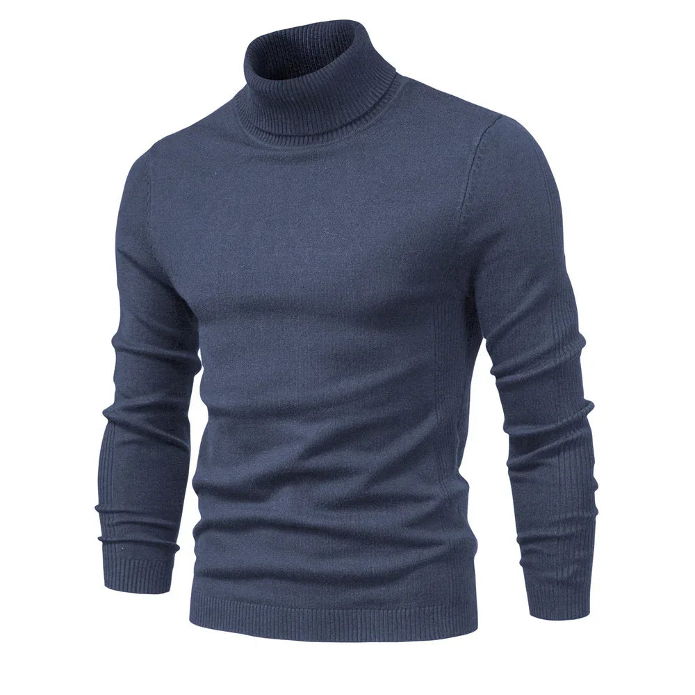 Men's fitted navy blue turtleneck sweater with ribbed cuffs and hem