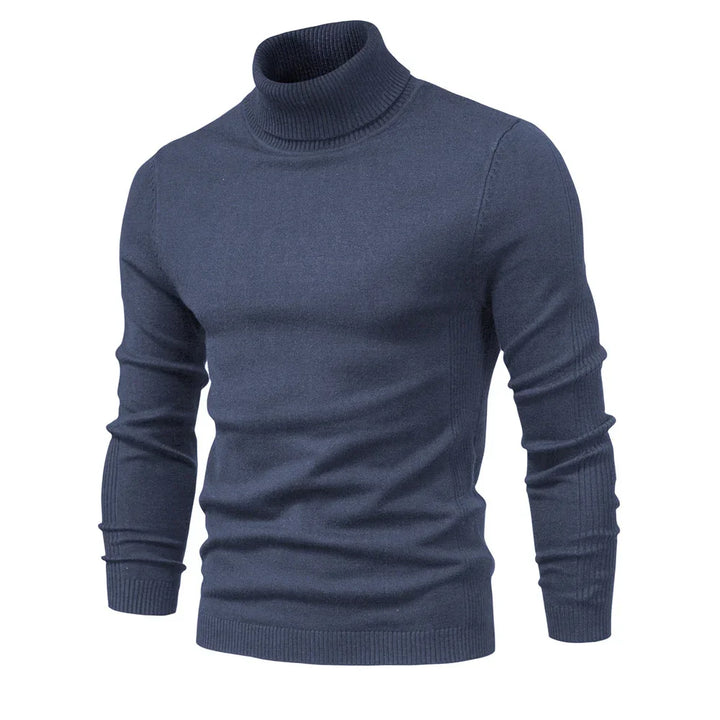 Men's fitted navy blue turtleneck sweater with ribbed cuffs and hem