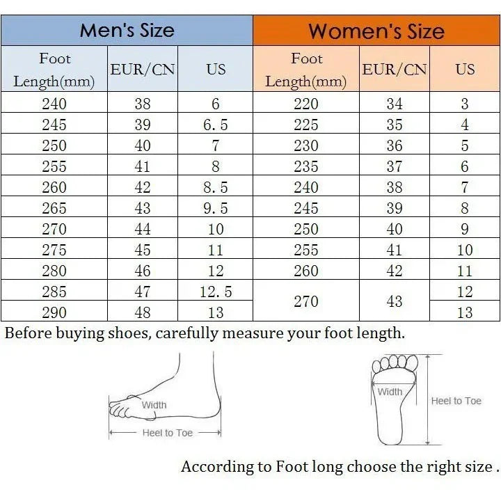 Men's and women's shoe size chart comparing foot length in mm to US and EUR/CN sizes with foot measurement diagram