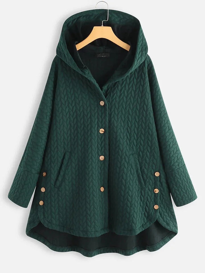Dark green quilted hooded jacket with wooden buttons and side pockets on hanger