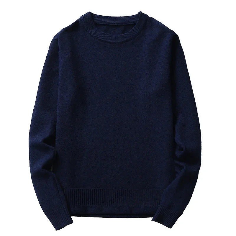 Classic navy blue crewneck sweater with ribbed cuffs and hem, cozy knitwear