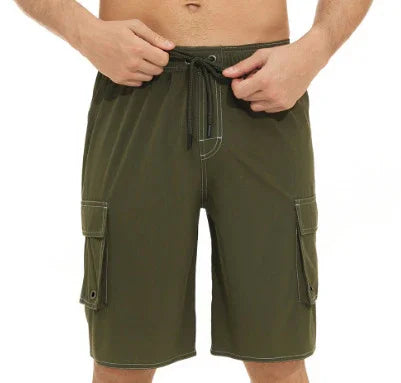 Men's olive green cargo shorts with drawstring waist and side pockets