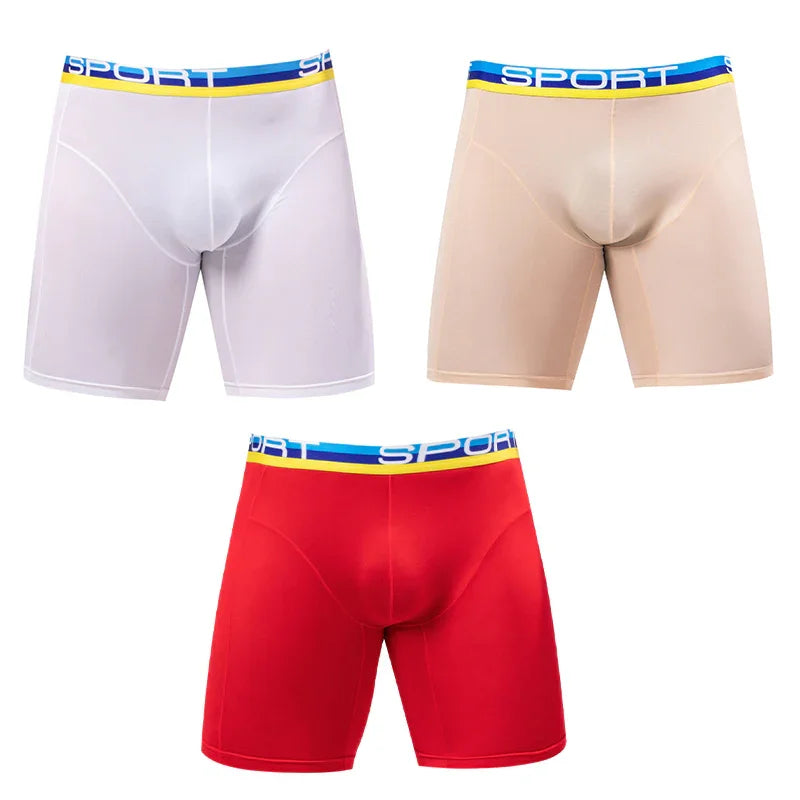 Three pairs of men's sporty boxer briefs in white, beige, and red with blue and yellow waistbands labeled SPORT