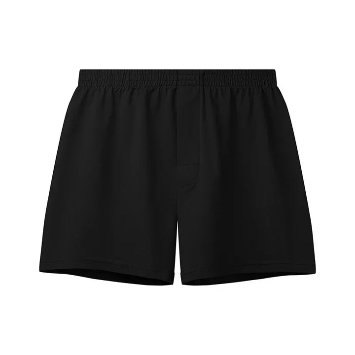 Black men's boxer shorts with elastic waistband and front fly on white background