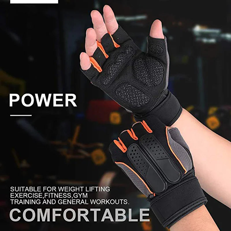 black and orange weightlifting gloves with wrist support for fitness, gym training, and workouts