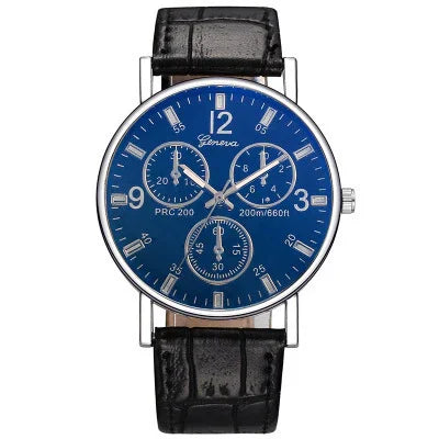 Geneva men's wristwatch with blue dial, silver hands, black leather strap, and chronograph subdials