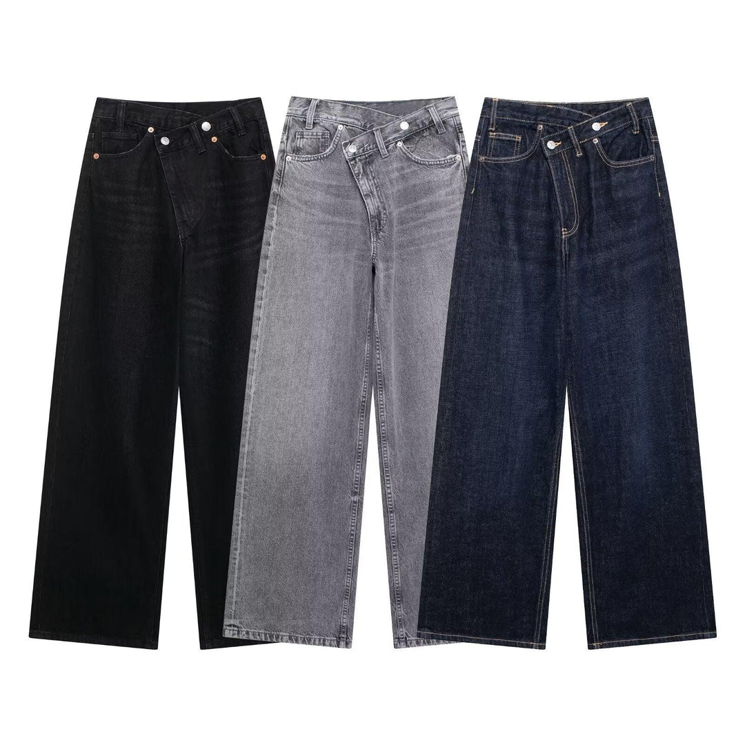 Three pairs of wide-leg denim jeans in black, gray, and dark blue with unique overlapping button fly design