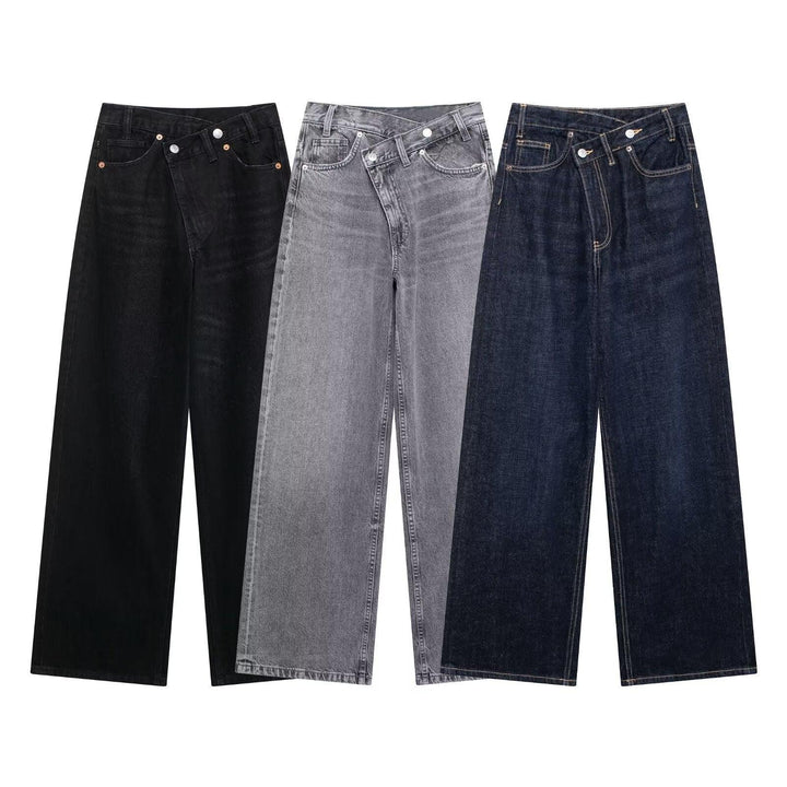 Three pairs of wide-leg denim jeans in black, gray, and dark blue with unique overlapping button fly design