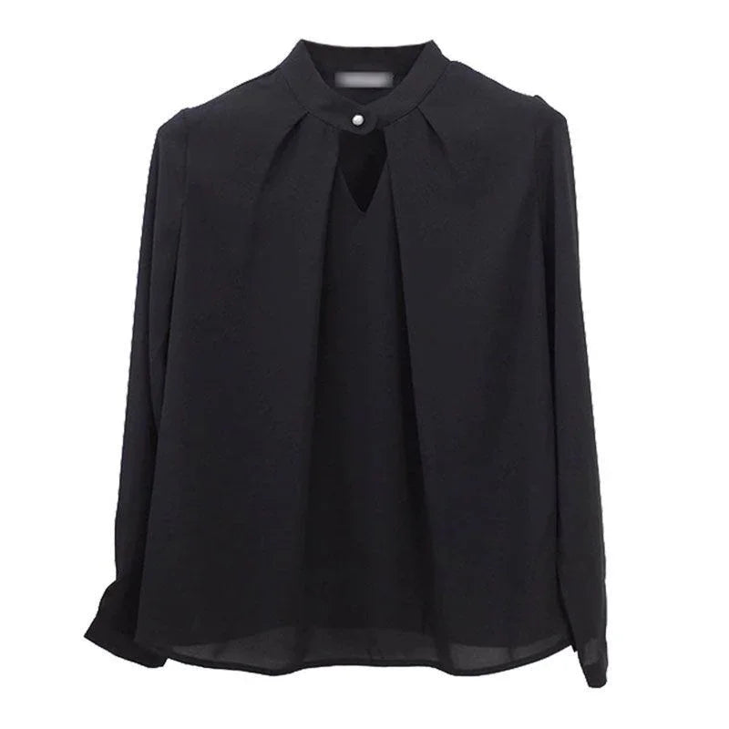 Black long-sleeve blouse with a round neckline and a small keyhole detail, featuring a button closure