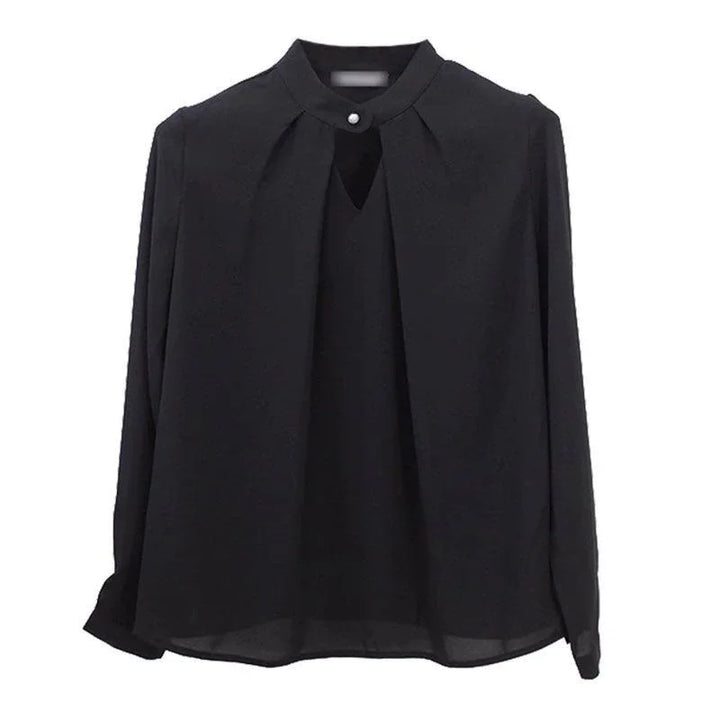 Black long-sleeve blouse with a round neckline and a small keyhole detail, featuring a button closure
