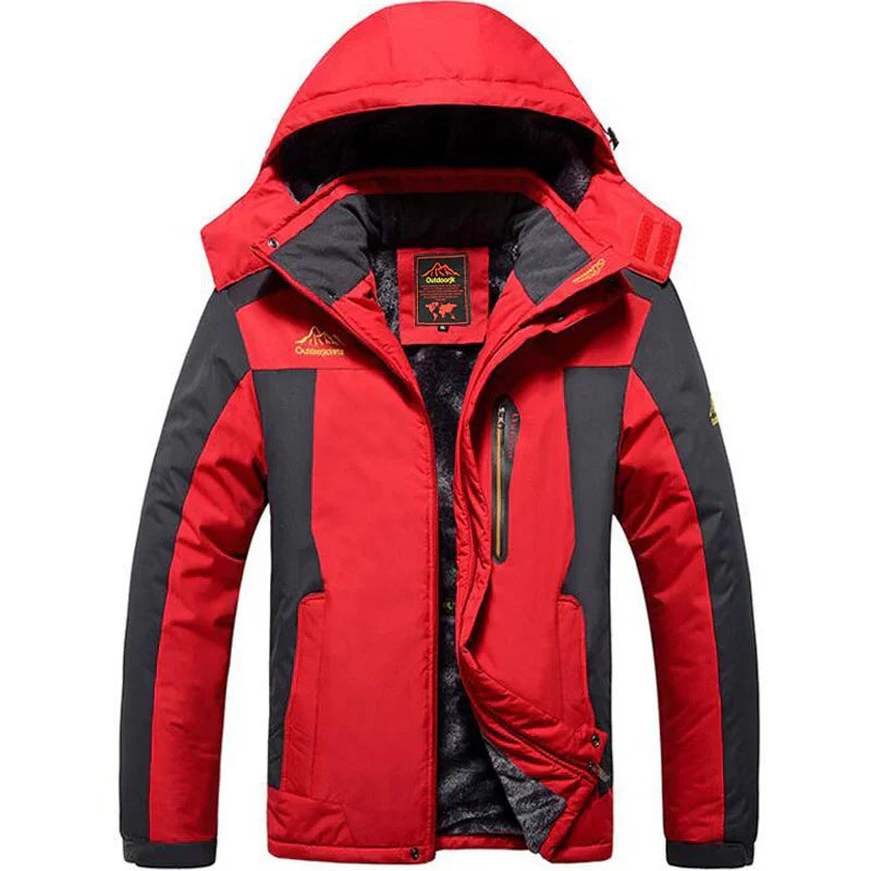 Red and black insulated outdoor winter jacket with hood and zipper pockets