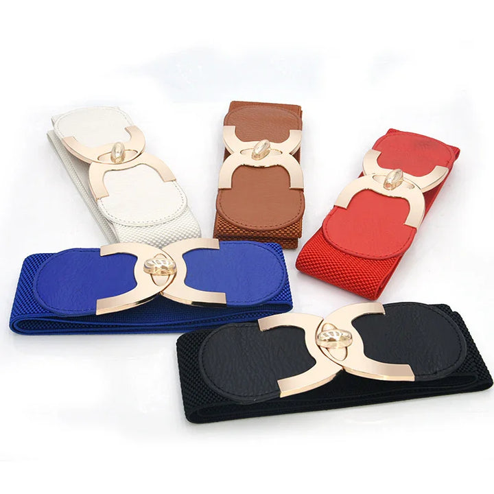 Set of stretch women's fashion belts in white, brown, red, blue, and black with gold buckle accents