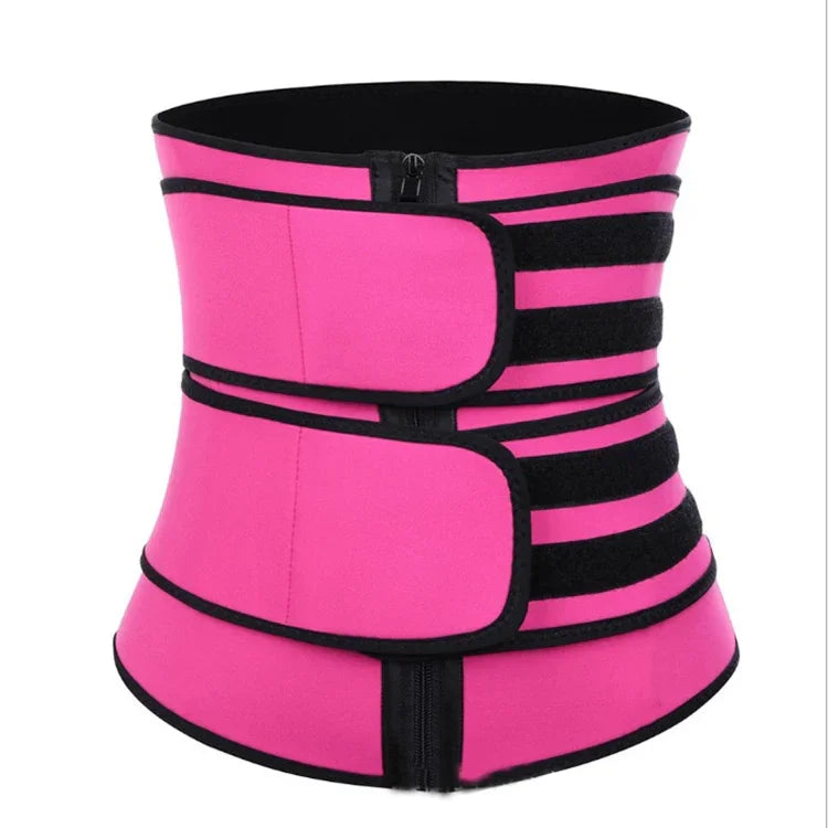Pink waist trainer corset with black trim and adjustable velcro straps for shaping