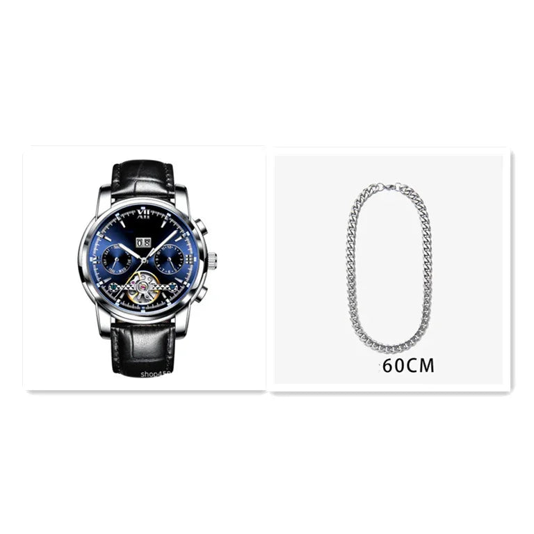 Men's luxury wristwatch with black leather strap and blue dial, silver chain necklace 60cm