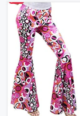Pink and black retro patterned bell-bottom pants with circular designs on a white background