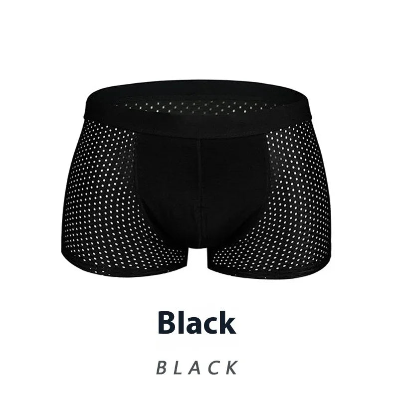 Black men's mesh boxer briefs with perforated side panels for breathability