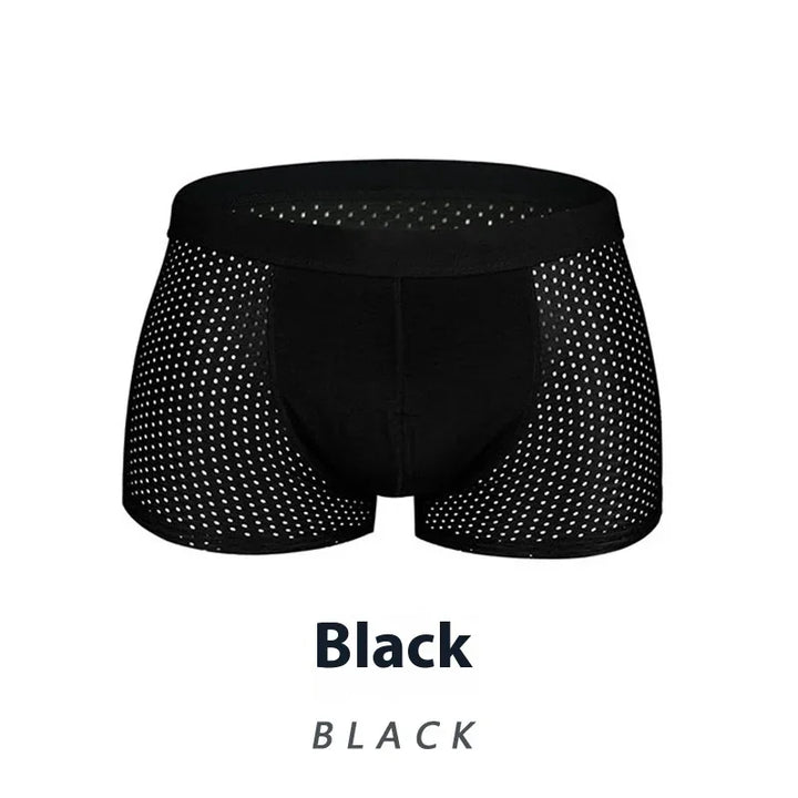 Black men's mesh boxer briefs with perforated side panels for breathability