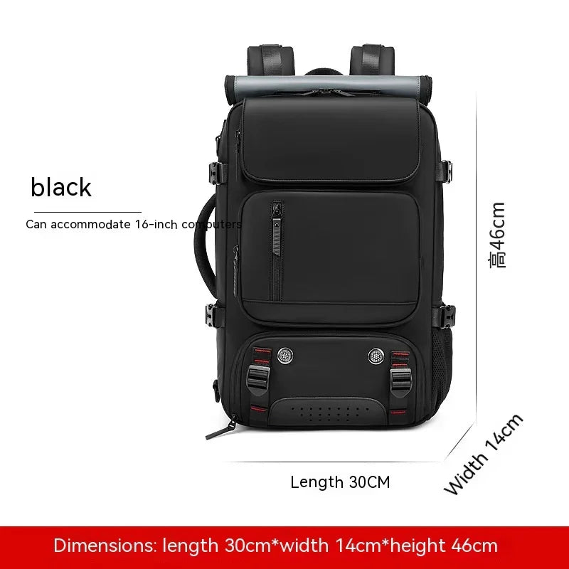 Black laptop backpack 46cm x 30cm x 14cm fits 16-inch computers, front pockets visible