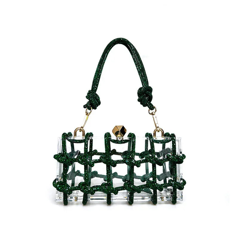 Clear rectangular handbag with dark green beaded net overlay and knotted handle, gold clasp detail