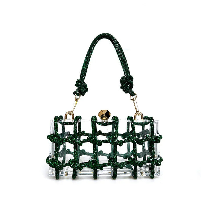 Clear rectangular handbag with dark green beaded net overlay and knotted handle, gold clasp detail