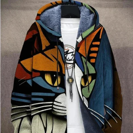 Hooded jacket with colorful abstract cat face design and furry lining over white t-shirt with necklace
