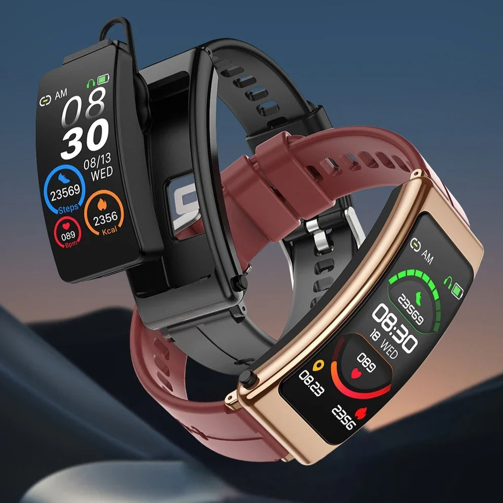 Two fitness smartwatches with colorful step, heart rate, and calorie tracking displays, one with black and one with red strap