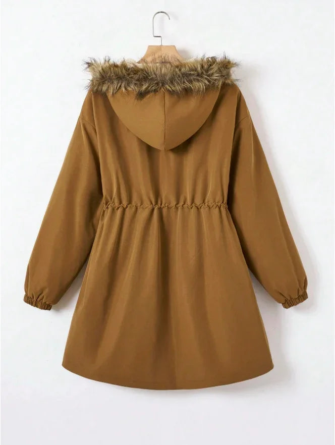 Brown hooded winter coat with faux fur trim and elastic cuffs hanging on hanger