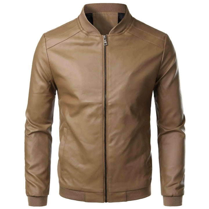 Men's brown leather bomber jacket with zip front and ribbed collar, cuffs, and hem