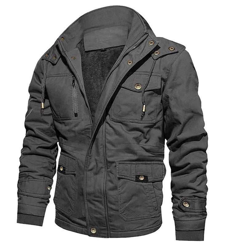 Men's dark gray casual jacket with multiple pockets, zip and button closures, and hood strings
