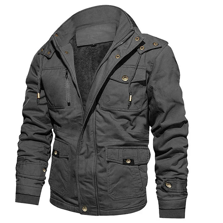 Men's dark gray casual jacket with multiple pockets, zip and button closures, and hood strings