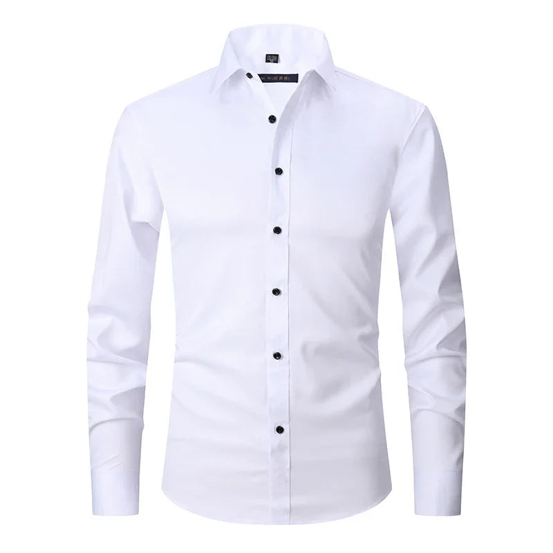Men's white dress shirt with black buttons, long sleeves, tailored fit