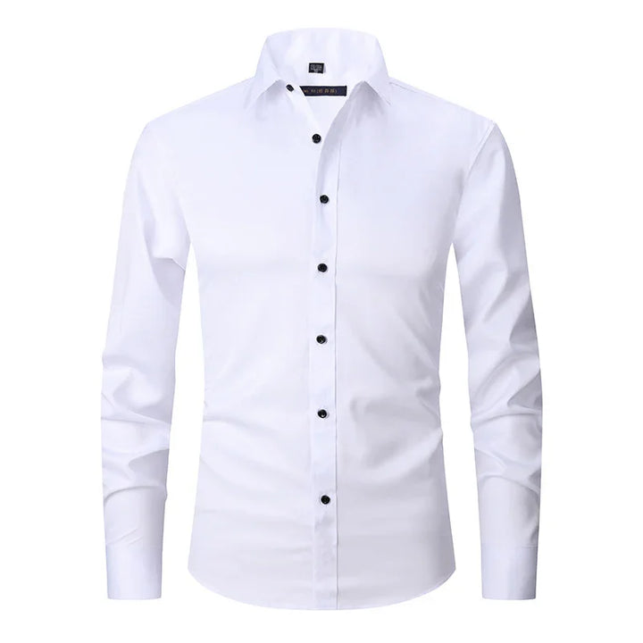 Men's white dress shirt with black buttons, long sleeves, tailored fit