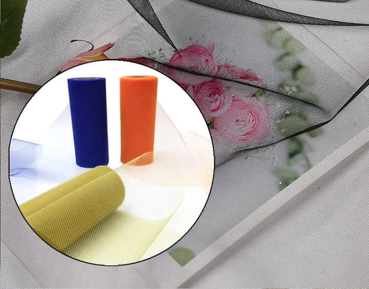 Black fine mesh fabric on pink roses with inset showing yellow, blue, and orange mesh rolls