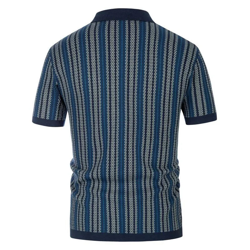 Back view of navy blue polo shirt with vertical white and blue chevron stripes