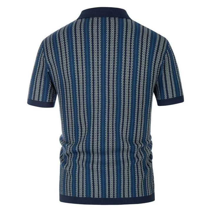 Back view of navy blue polo shirt with vertical white and blue chevron stripes