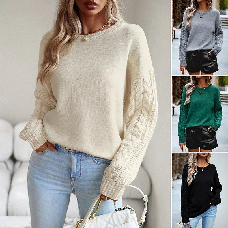 Women wearing cable knit sleeve sweaters in cream, gray, green, and black with casual jeans and leather shorts