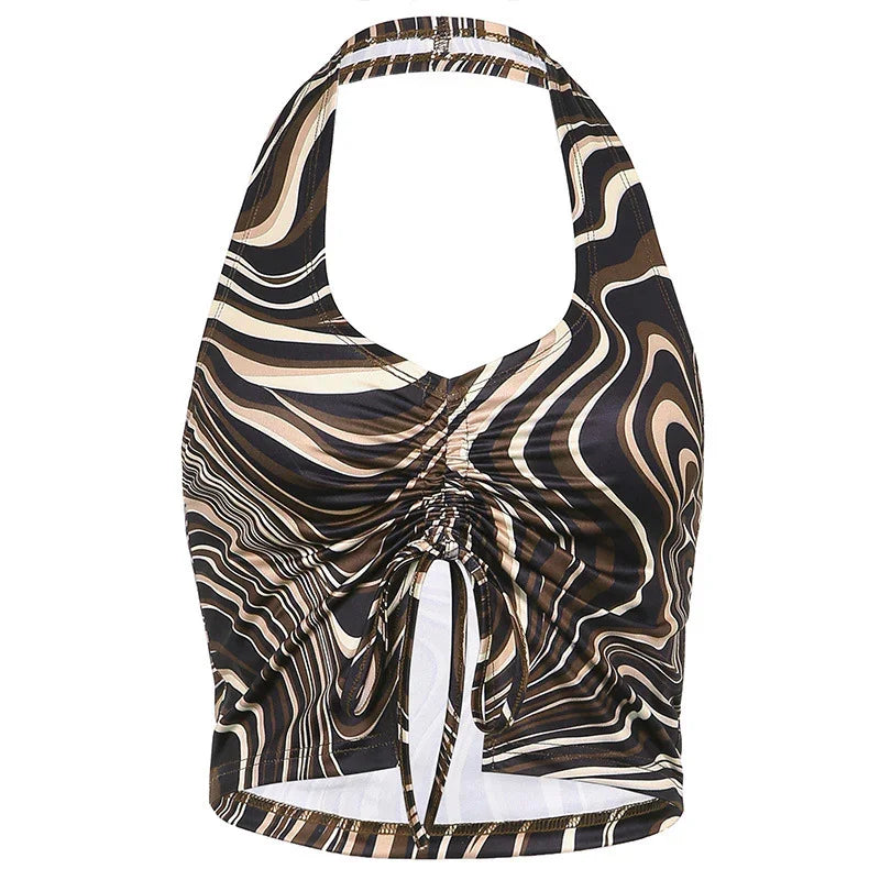 Women's halter neck crop top with brown and black abstract swirl pattern and front tie detail