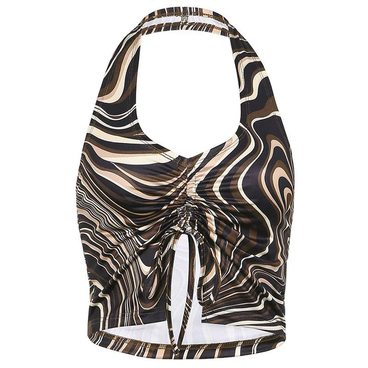 Women's halter neck crop top with brown and black abstract swirl pattern and front tie detail