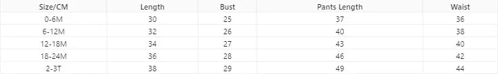 Size chart for baby clothes showing length, bust, pants length, and waist measurements in centimeters for ages 0-3T