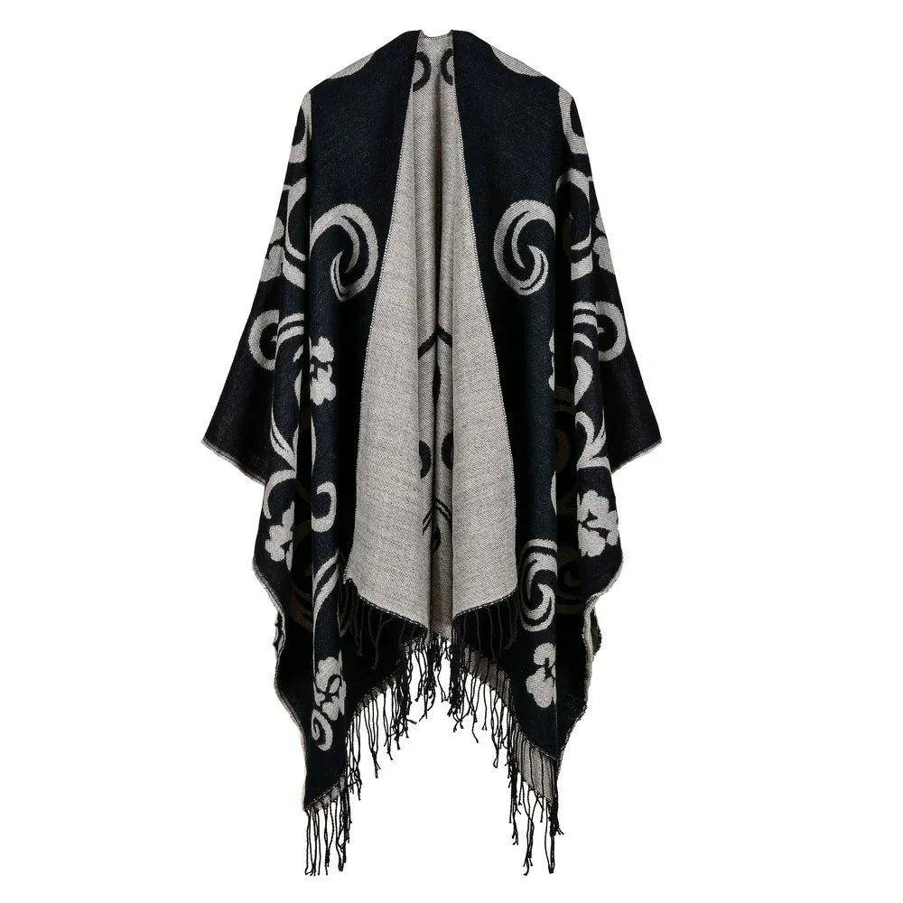 Black and gray patterned wool shawl with floral motifs and fringed edges