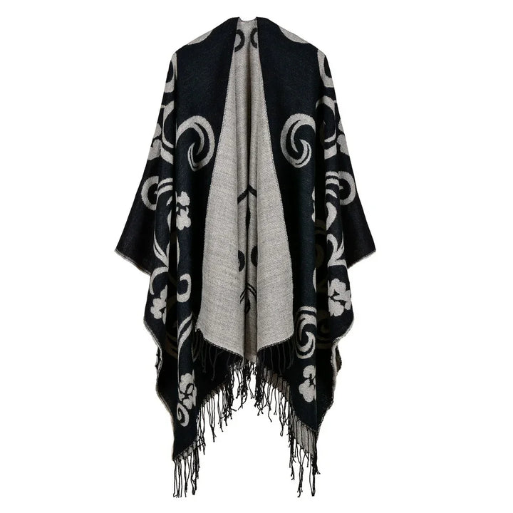 Black and gray patterned wool shawl with floral motifs and fringed edges