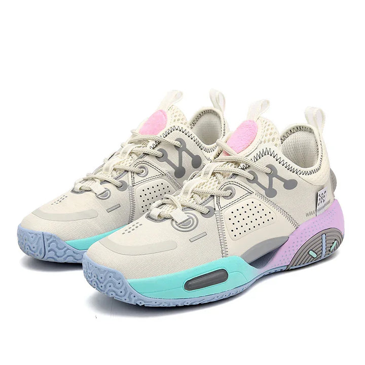 Beige sports sneakers with pastel blue and purple soles, gray accents, breathable mesh, and laces on white background