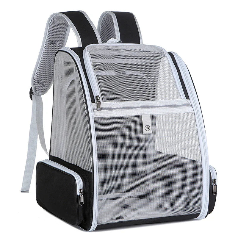 black and white mesh pet carrier backpack with zippered compartments and padded straps