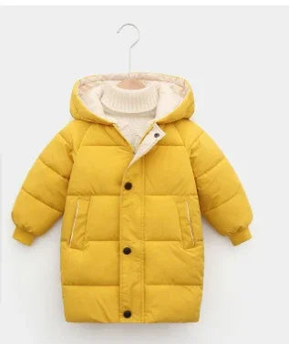 Yellow children’s winter puffer coat with hood, button closure, and front pockets on hanger