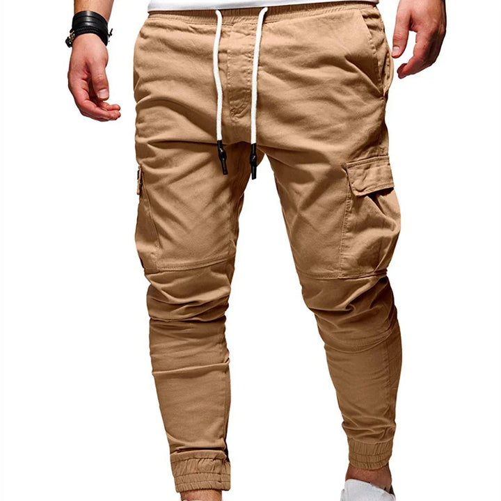 Men's beige cargo jogger pants with drawstring waist and elastic cuffs