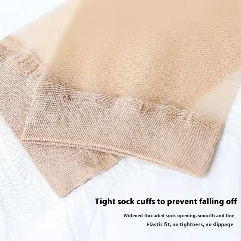 Beige sheer stockings with tight elastic cuffs designed to prevent slipping and ensure comfortable fit