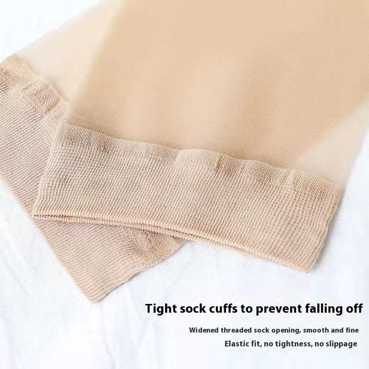 Beige sheer stockings with tight elastic cuffs designed to prevent slipping and ensure comfortable fit
