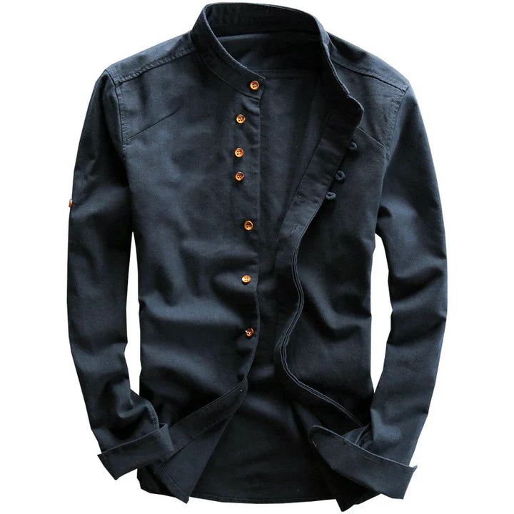 Black men's Mandarin collar shirt with long sleeves and brown buttons on white background