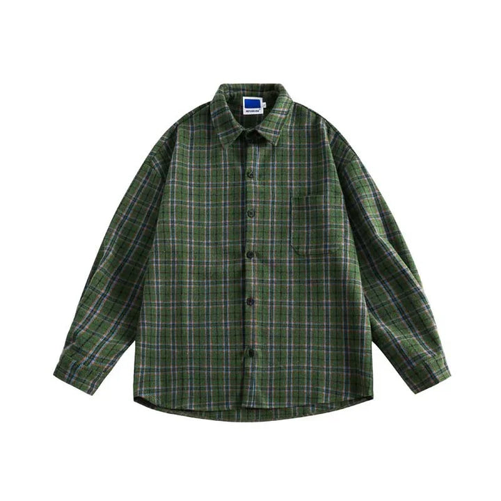 Green plaid button-up flannel shirt with long sleeves and chest pocket