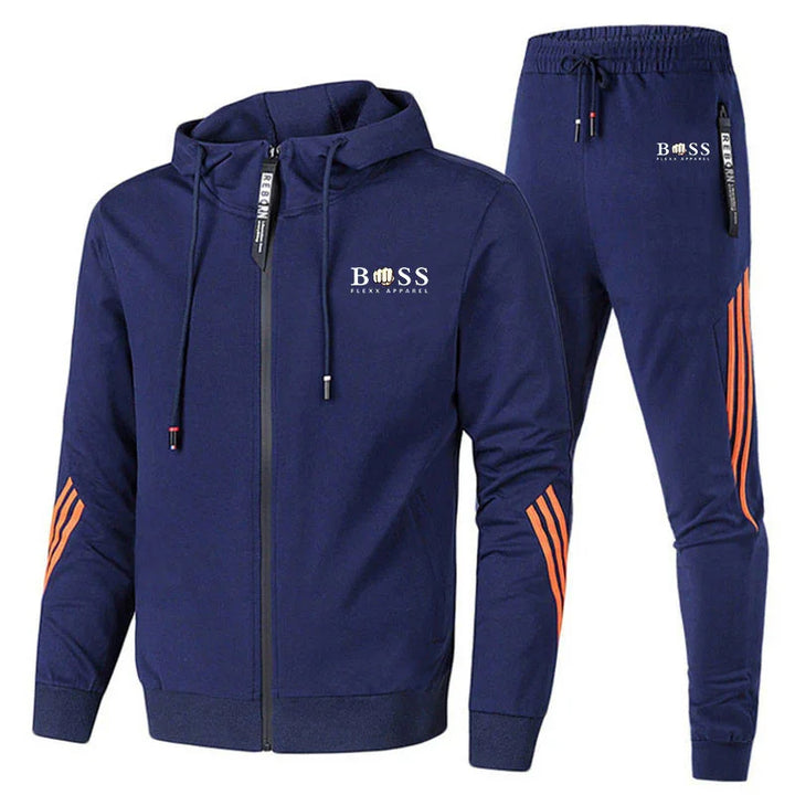 Navy blue BOSS Flexx Apparel men's tracksuit with hooded zip jacket and matching pants, orange stripes